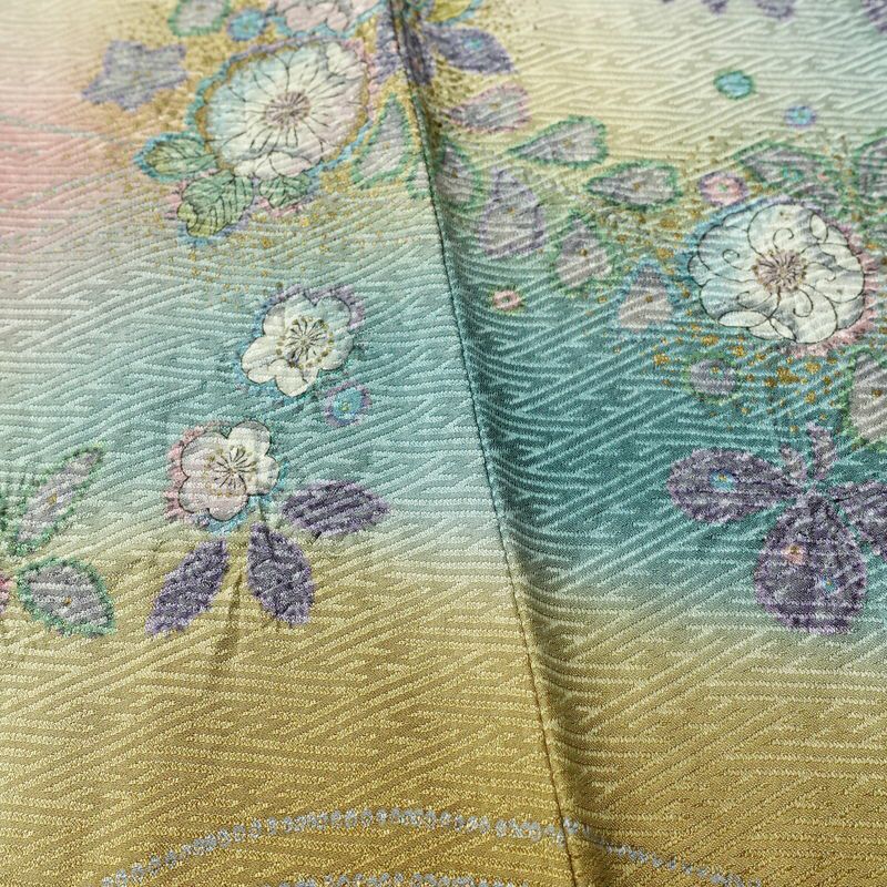 訪問着 良品 辻が花 しつけ糸付き 綸子 正絹 花柄 袷仕立て 身丈164.5cm 裄丈64cm リサイクル着物 着物 箔 共八掛 入学式 卒業式 七五三 お宮参り フォーマル 黄・黄土色_画像11