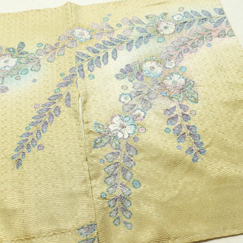 訪問着 良品 辻が花 しつけ糸付き 綸子 正絹 花柄 袷仕立て 身丈164.5cm 裄丈64cm リサイクル着物 着物 箔 共八掛 入学式 卒業式 七五三 お宮参り フォーマル 黄・黄土色_画像15