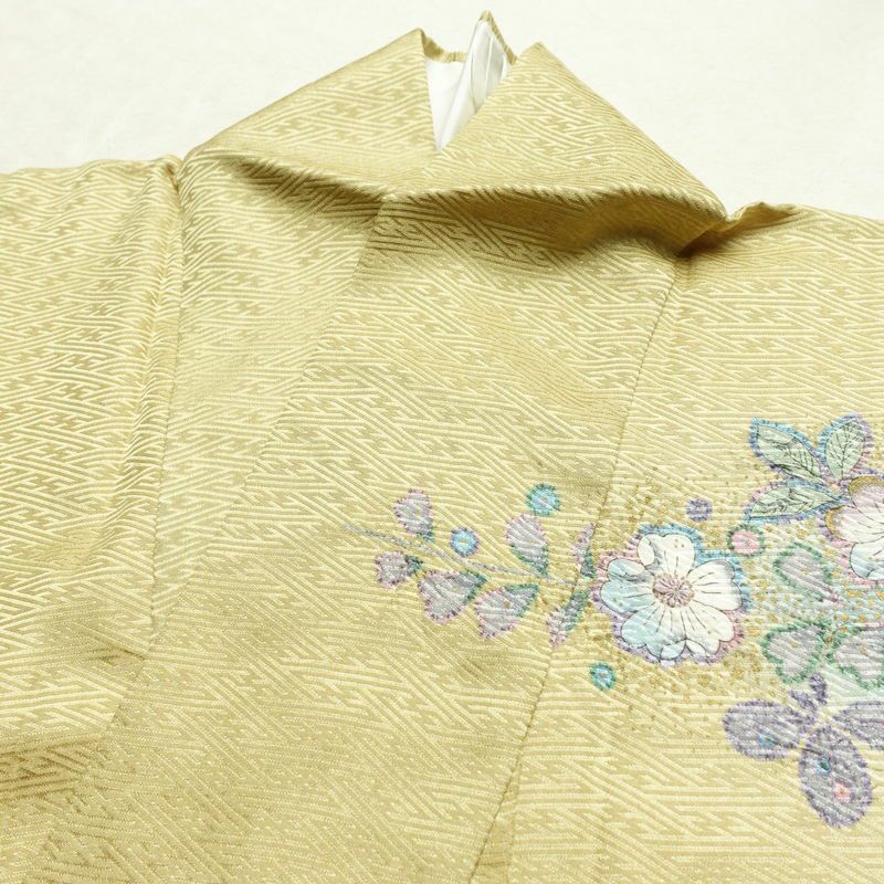 訪問着 良品 辻が花 しつけ糸付き 綸子 正絹 花柄 袷仕立て 身丈164.5cm 裄丈64cm リサイクル着物 着物 箔 共八掛 入学式 卒業式 七五三 お宮参り フォーマル 黄・黄土色_画像18