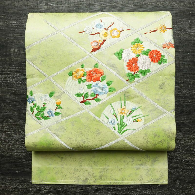 名古屋帯 太鼓柄 良品 しつけ糸付き 正絹 花柄 名古屋仕立て なごや帯 リサイクル帯 帯 箔 シンプル 緑・うぐいす色_画像1