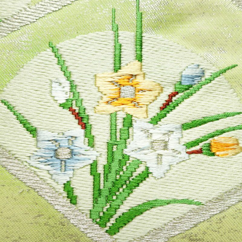 名古屋帯 太鼓柄 良品 しつけ糸付き 正絹 花柄 名古屋仕立て なごや帯 リサイクル帯 帯 箔 シンプル 緑・うぐいす色_画像4