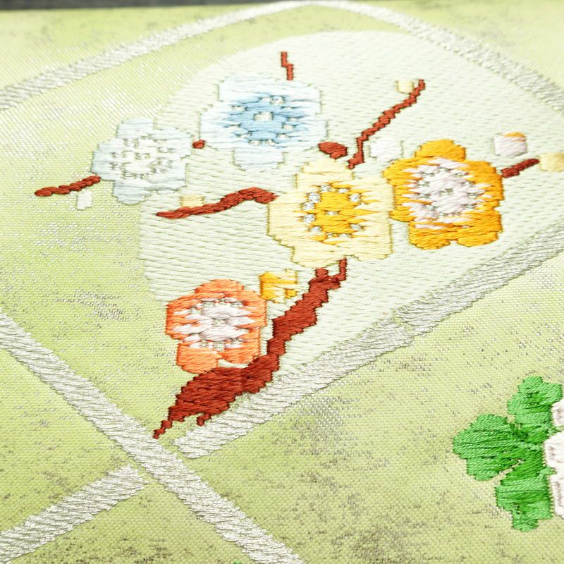 名古屋帯 太鼓柄 良品 しつけ糸付き 正絹 花柄 名古屋仕立て なごや帯 リサイクル帯 帯 箔 シンプル 緑・うぐいす色_画像6