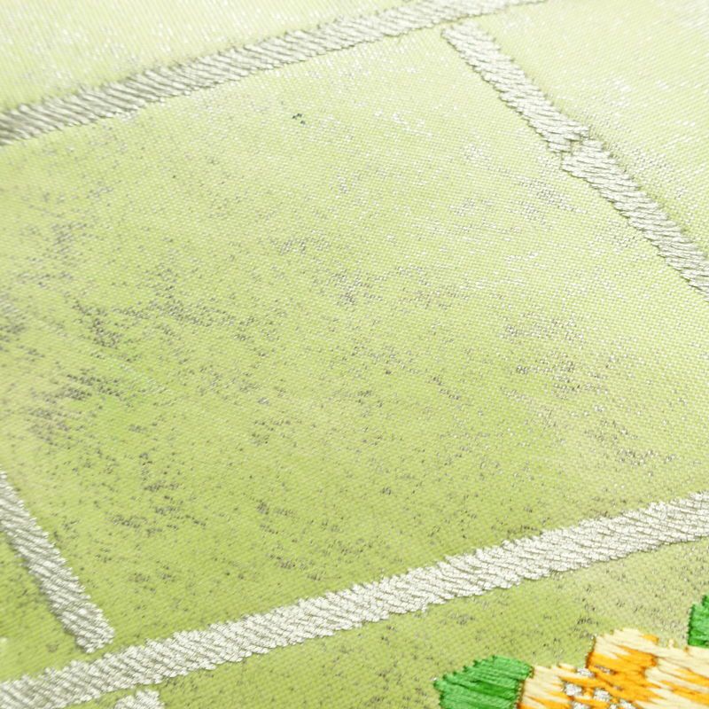 名古屋帯 太鼓柄 良品 しつけ糸付き 正絹 花柄 名古屋仕立て なごや帯 リサイクル帯 帯 箔 シンプル 緑・うぐいす色_画像7