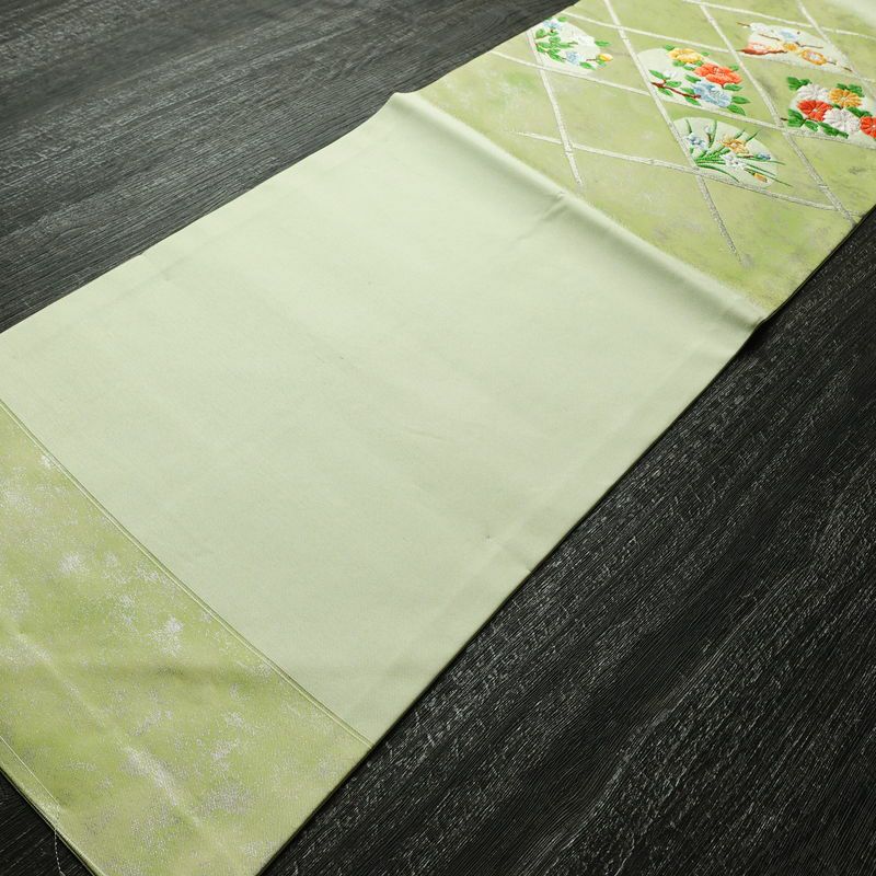 名古屋帯 太鼓柄 良品 しつけ糸付き 正絹 花柄 名古屋仕立て なごや帯 リサイクル帯 帯 箔 シンプル 緑・うぐいす色_画像10