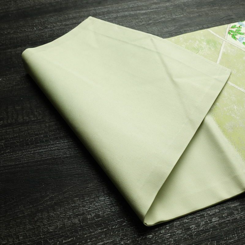 名古屋帯 太鼓柄 良品 しつけ糸付き 正絹 花柄 名古屋仕立て なごや帯 リサイクル帯 帯 箔 シンプル 緑・うぐいす色_画像11
