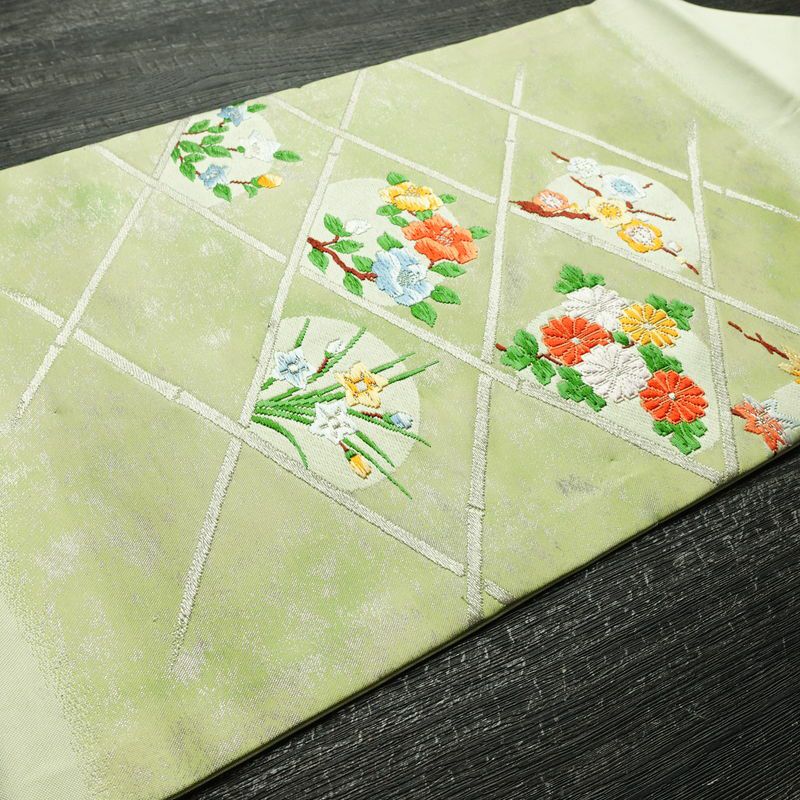 名古屋帯 太鼓柄 良品 しつけ糸付き 正絹 花柄 名古屋仕立て なごや帯 リサイクル帯 帯 箔 シンプル 緑・うぐいす色_画像12