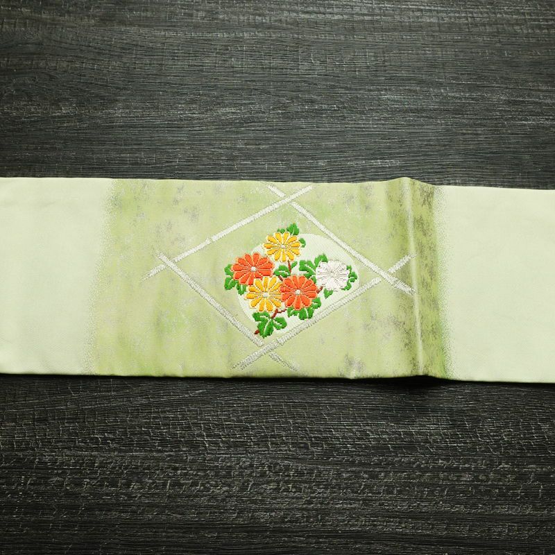 名古屋帯 太鼓柄 良品 しつけ糸付き 正絹 花柄 名古屋仕立て なごや帯 リサイクル帯 帯 箔 シンプル 緑・うぐいす色_画像14
