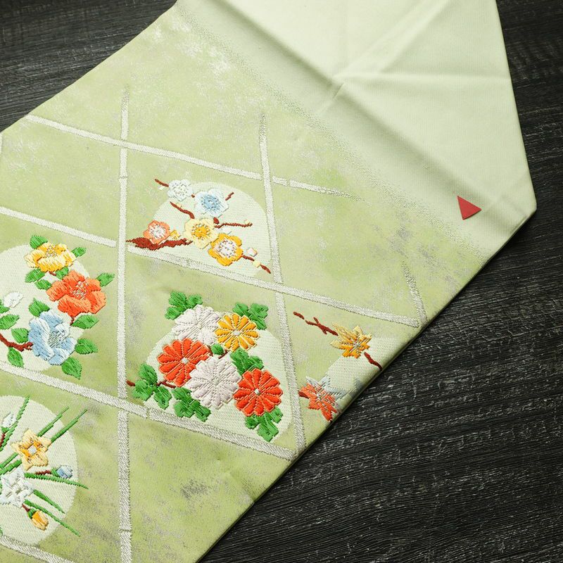 名古屋帯 太鼓柄 良品 しつけ糸付き 正絹 花柄 名古屋仕立て なごや帯 リサイクル帯 帯 箔 シンプル 緑・うぐいす色_画像17