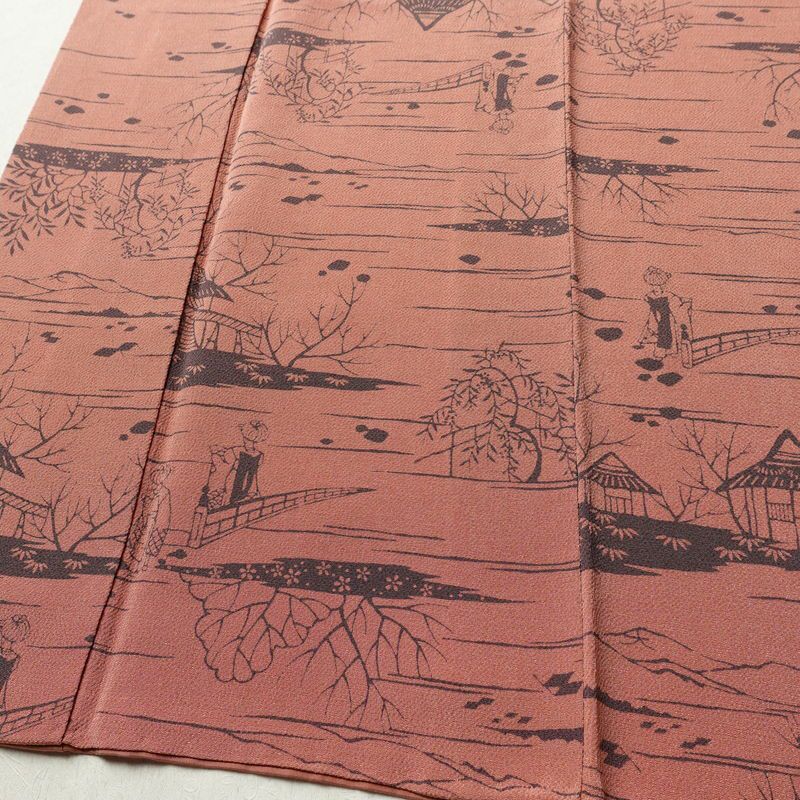小紋 南部幸雄 落款入り 縮緬 総柄 正絹 風景柄 袷仕立て 身丈164.5cm 裄丈65cm リサイクル着物 着物 モダン 真赭色 ピンク_画像4