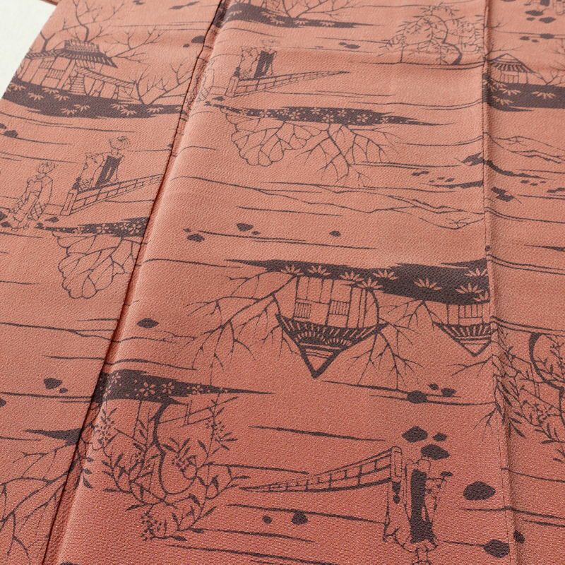 小紋 南部幸雄 落款入り 縮緬 総柄 正絹 風景柄 袷仕立て 身丈164.5cm 裄丈65cm リサイクル着物 着物 モダン 真赭色 ピンク_画像5