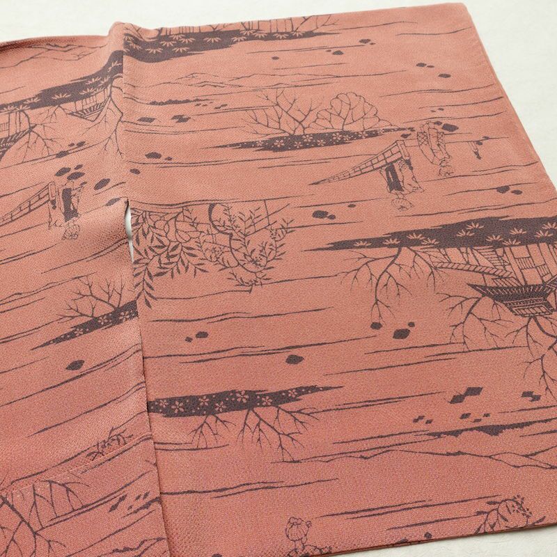 小紋 南部幸雄 落款入り 縮緬 総柄 正絹 風景柄 袷仕立て 身丈164.5cm 裄丈65cm リサイクル着物 着物 モダン 真赭色 ピンク_画像15