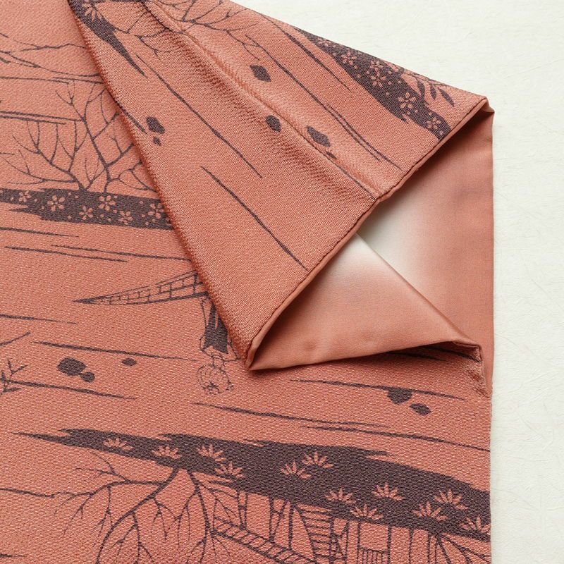 小紋 南部幸雄 落款入り 縮緬 総柄 正絹 風景柄 袷仕立て 身丈164.5cm 裄丈65cm リサイクル着物 着物 モダン 真赭色 ピンク_画像16