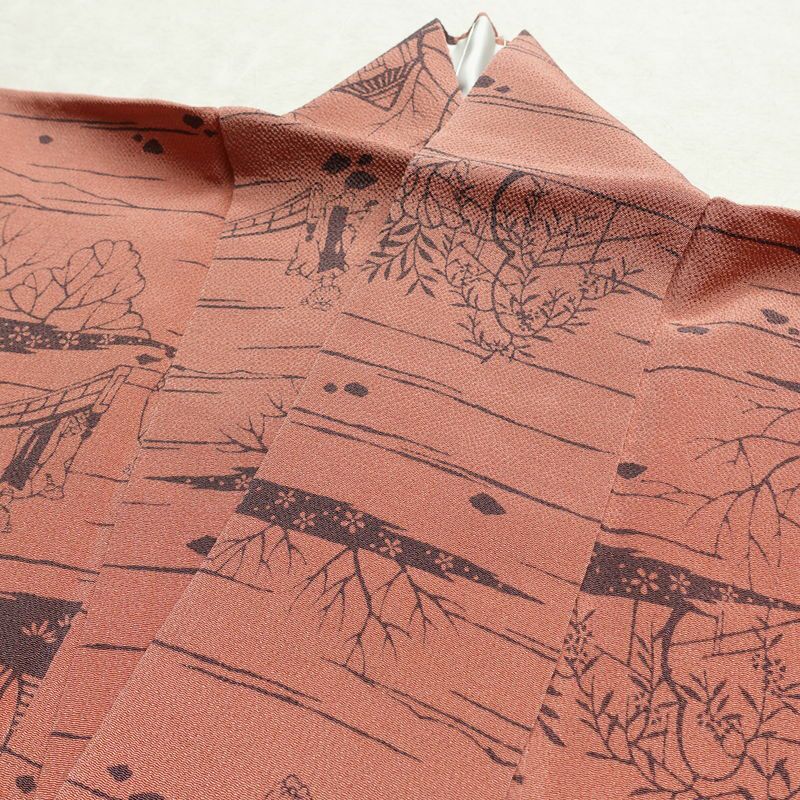 小紋 南部幸雄 落款入り 縮緬 総柄 正絹 風景柄 袷仕立て 身丈164.5cm 裄丈65cm リサイクル着物 着物 モダン 真赭色 ピンク_画像18