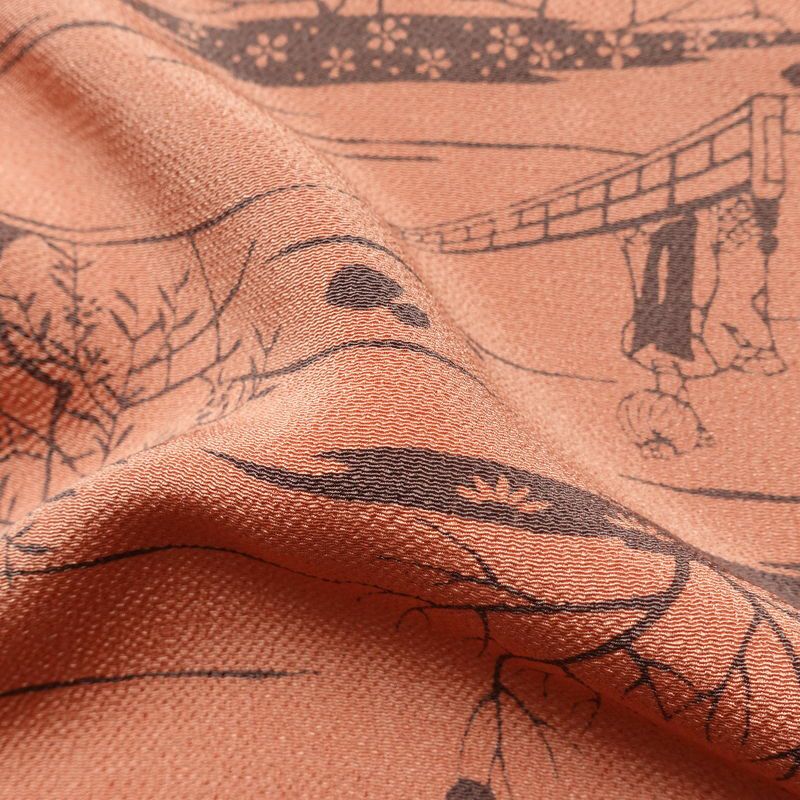 小紋 南部幸雄 落款入り 縮緬 総柄 正絹 風景柄 袷仕立て 身丈164.5cm 裄丈65cm リサイクル着物 着物 モダン 真赭色 ピンク_画像22