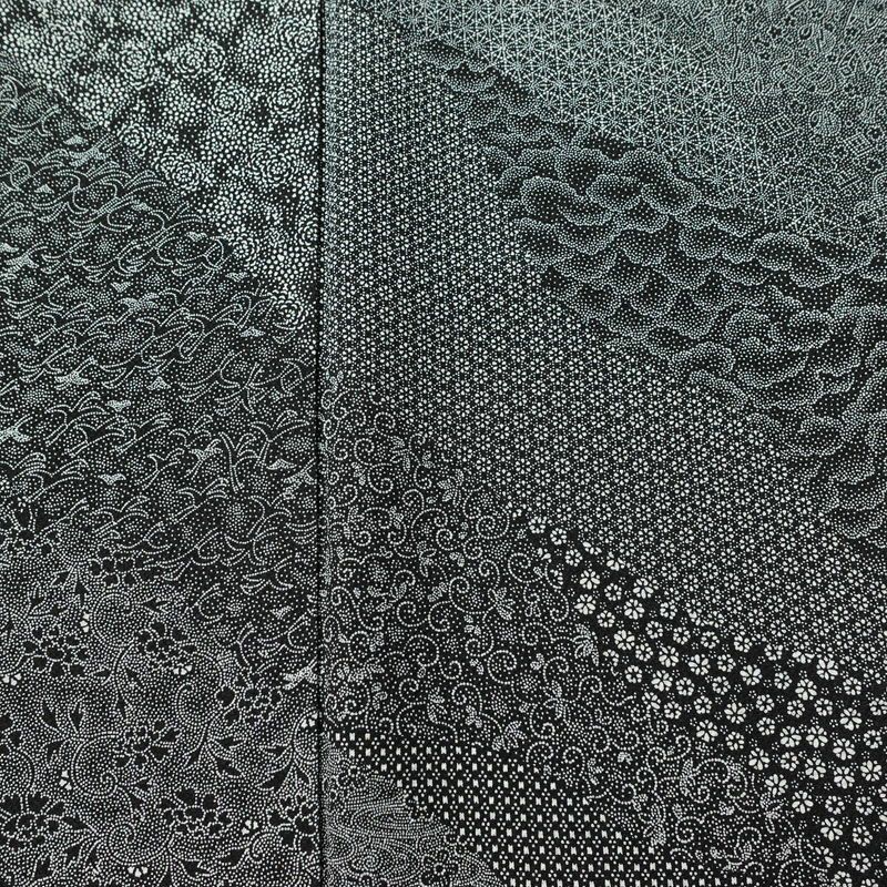 小紋 良品 小紋師 北原寿永 落款入り 縮緬 江戸小紋 総柄 正絹 古典柄 袷仕立て 身丈159.5cm 裄丈64.5cm リサイクル着物 着物 黒_画像6