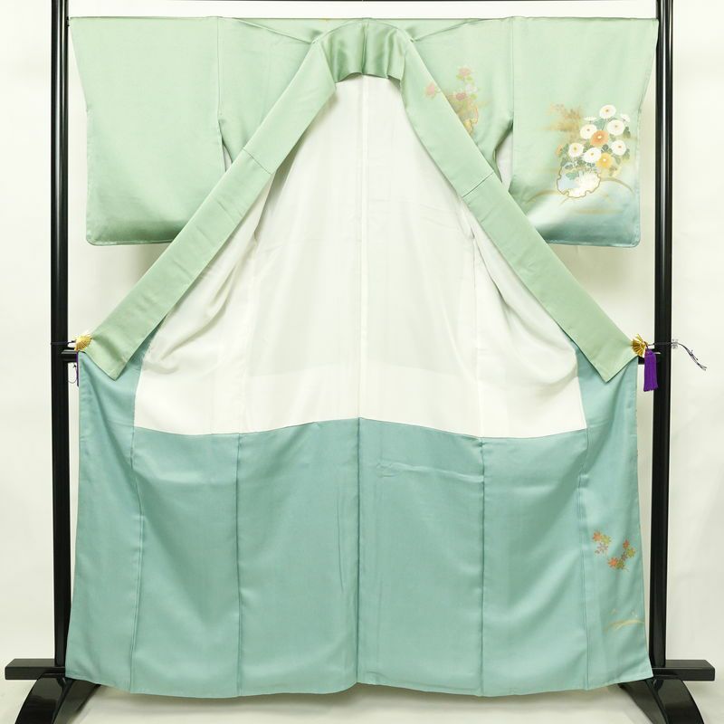訪問着 良品 しつけ糸付き 正絹 花柄 袷仕立て 身丈161.5cm 裄丈67cm リサイクル着物 着物 箔 金彩 入学式 卒業式 七五三 お宮参り 雪輪 フォーマル 菊 緑・うぐいす色_画像3
