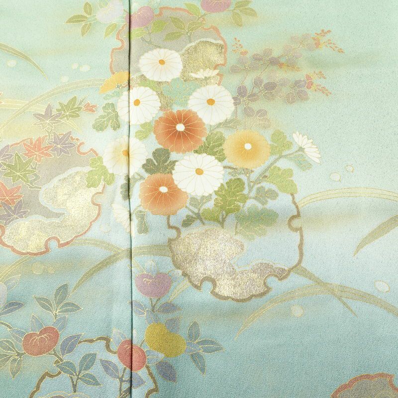 訪問着 良品 しつけ糸付き 正絹 花柄 袷仕立て 身丈161.5cm 裄丈67cm リサイクル着物 着物 箔 金彩 入学式 卒業式 七五三 お宮参り 雪輪 フォーマル 菊 緑・うぐいす色_画像6