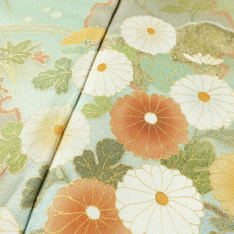 訪問着 良品 しつけ糸付き 正絹 花柄 袷仕立て 身丈161.5cm 裄丈67cm リサイクル着物 着物 箔 金彩 入学式 卒業式 七五三 お宮参り 雪輪 フォーマル 菊 緑・うぐいす色_画像7