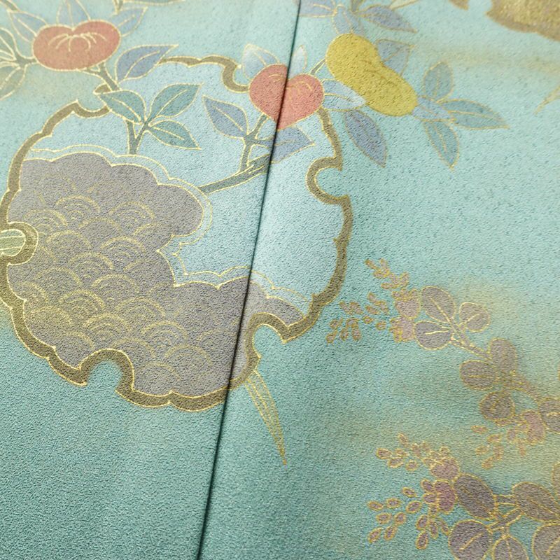 訪問着 良品 しつけ糸付き 正絹 花柄 袷仕立て 身丈161.5cm 裄丈67cm リサイクル着物 着物 箔 金彩 入学式 卒業式 七五三 お宮参り 雪輪 フォーマル 菊 緑・うぐいす色_画像11