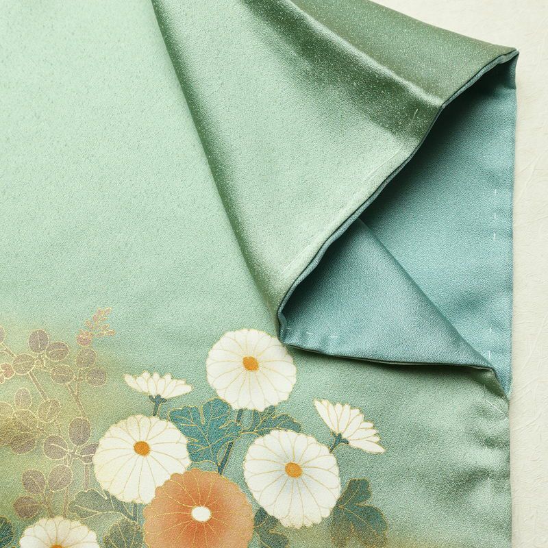 訪問着 良品 しつけ糸付き 正絹 花柄 袷仕立て 身丈161.5cm 裄丈67cm リサイクル着物 着物 箔 金彩 入学式 卒業式 七五三 お宮参り 雪輪 フォーマル 菊 緑・うぐいす色_画像14