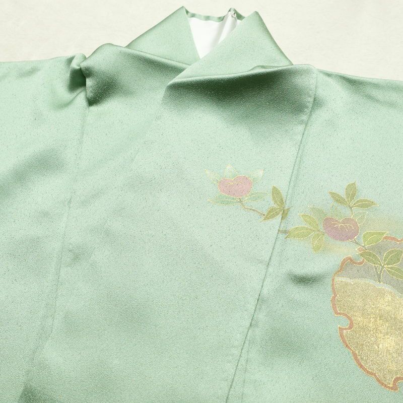 訪問着 良品 しつけ糸付き 正絹 花柄 袷仕立て 身丈161.5cm 裄丈67cm リサイクル着物 着物 箔 金彩 入学式 卒業式 七五三 お宮参り 雪輪 フォーマル 菊 緑・うぐいす色_画像16