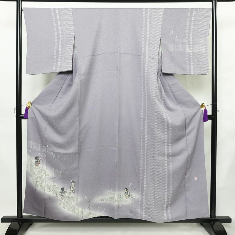 付け下げ 良品 落款入り 正絹 人物・動物柄 袷仕立て 身丈156cm 裄丈67.5cm リサイクル着物 着物 フォーマル 紫・藤色_画像1