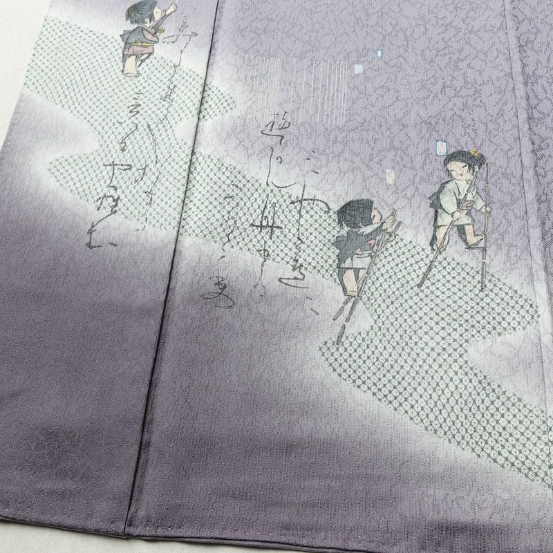 付け下げ 良品 落款入り 正絹 人物・動物柄 袷仕立て 身丈156cm 裄丈67.5cm リサイクル着物 着物 フォーマル 紫・藤色_画像4