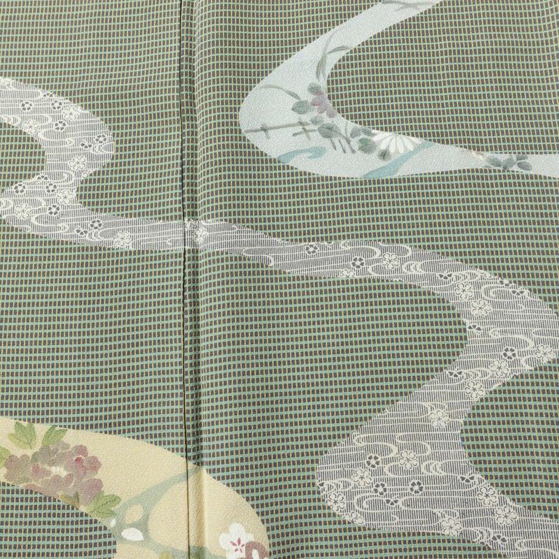 訪問着 良品 金田昇 落款入り しつけ糸付き 正絹 古典柄 袷仕立て 身丈161.5cm 裄丈65cm リサイクル着物 着物 入学式 卒業式 七五三 お宮参り フォーマル 緑・うぐいす色_画像6