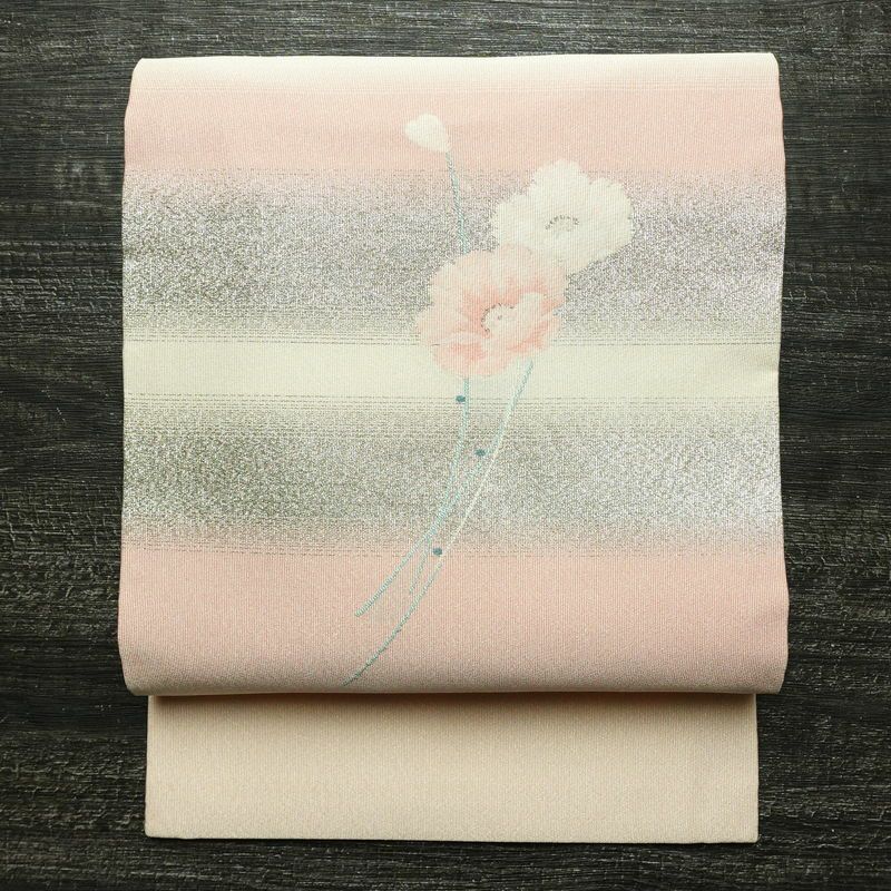 名古屋帯 太鼓柄 正絹 花柄 名古屋仕立て なごや帯 リサイクル帯 帯 シンプル 上品 白_画像1