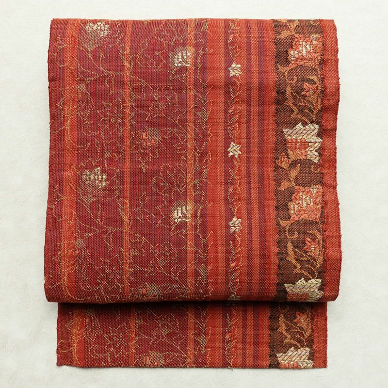 名古屋帯 六通柄 正絹 木の葉・植物柄 名古屋仕立て なごや帯 リサイクル帯 帯 紬地 橙_画像1