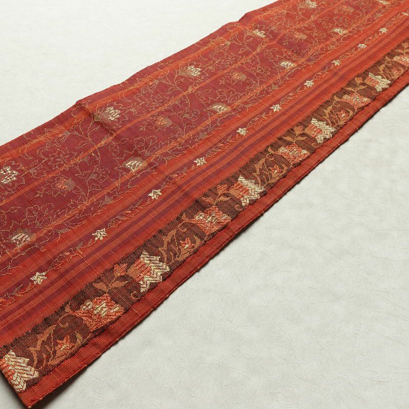 名古屋帯 六通柄 正絹 木の葉・植物柄 名古屋仕立て なごや帯 リサイクル帯 帯 紬地 橙_画像9