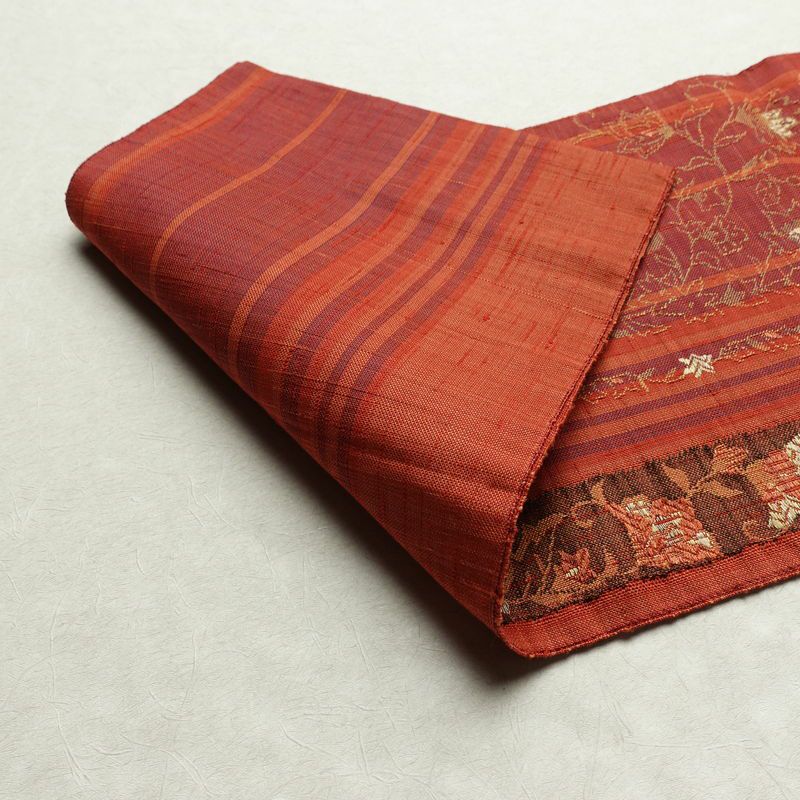 名古屋帯 六通柄 正絹 木の葉・植物柄 名古屋仕立て なごや帯 リサイクル帯 帯 紬地 橙_画像10