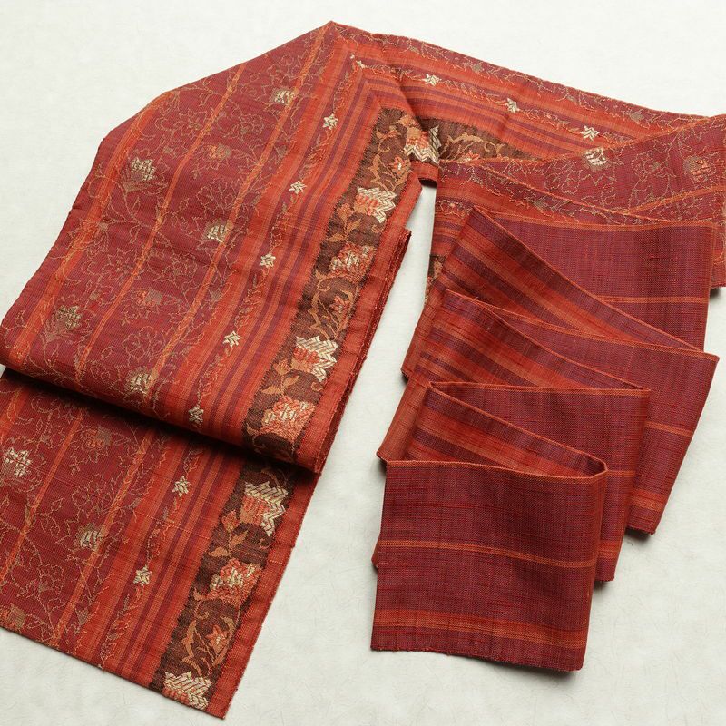 名古屋帯 六通柄 正絹 木の葉・植物柄 名古屋仕立て なごや帯 リサイクル帯 帯 紬地 橙_画像17