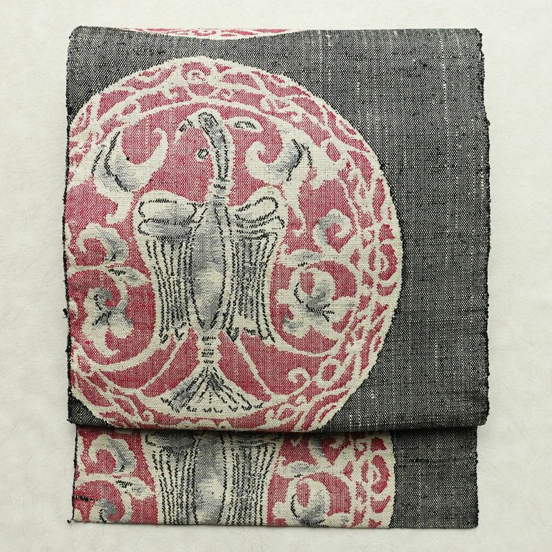 名古屋帯 六通柄 正絹 幾何学柄・抽象柄 松葉仕立て なごや帯 リサイクル帯 帯 紬地 グレー