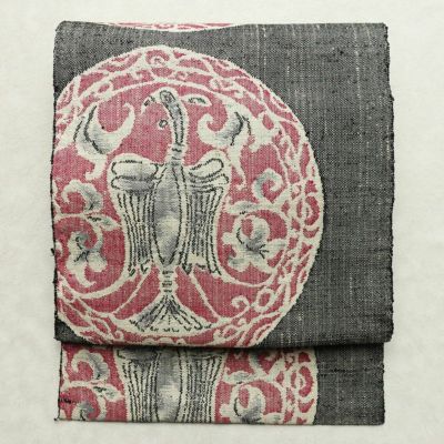 名古屋帯 六通柄 正絹 幾何学柄・抽象柄 松葉仕立て なごや帯 リサイクル帯 帯 紬地 グレー