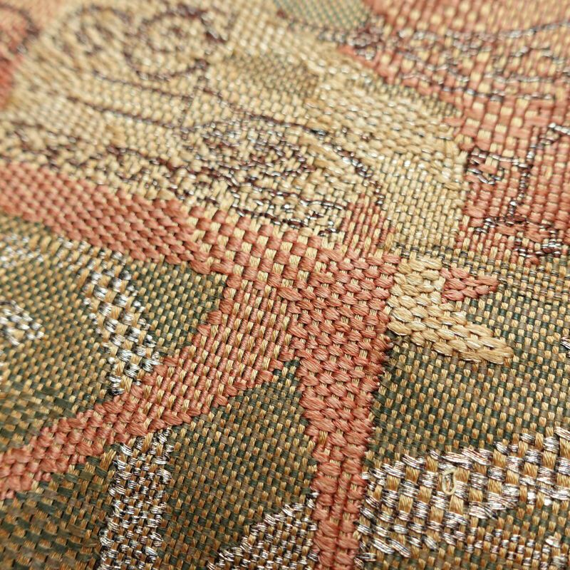 名古屋帯 太鼓柄 正絹 人物・動物柄 名古屋仕立て なごや帯 リサイクル帯 帯 モダン 茶_画像8