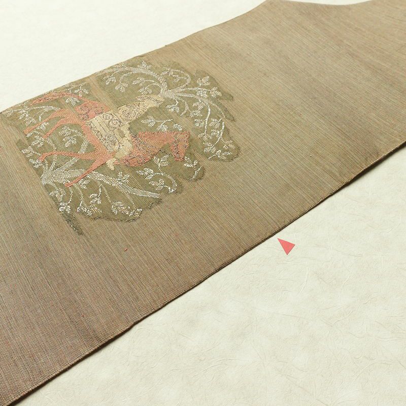 名古屋帯 太鼓柄 正絹 人物・動物柄 名古屋仕立て なごや帯 リサイクル帯 帯 モダン 茶_画像12