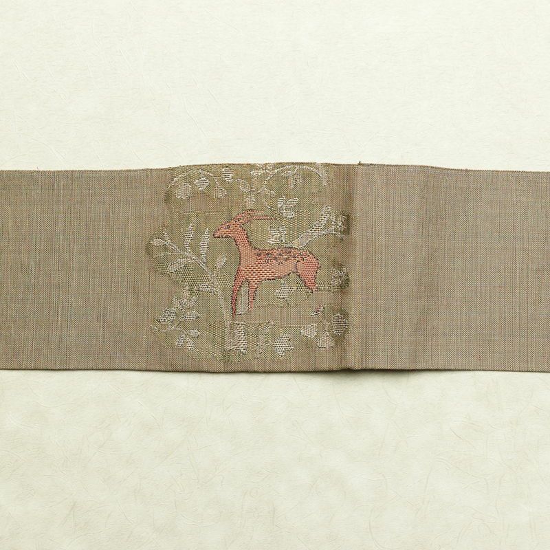 名古屋帯 太鼓柄 正絹 人物・動物柄 名古屋仕立て なごや帯 リサイクル帯 帯 モダン 茶_画像15