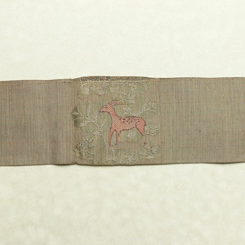 名古屋帯 太鼓柄 正絹 人物・動物柄 名古屋仕立て なごや帯 リサイクル帯 帯 モダン 茶_画像16