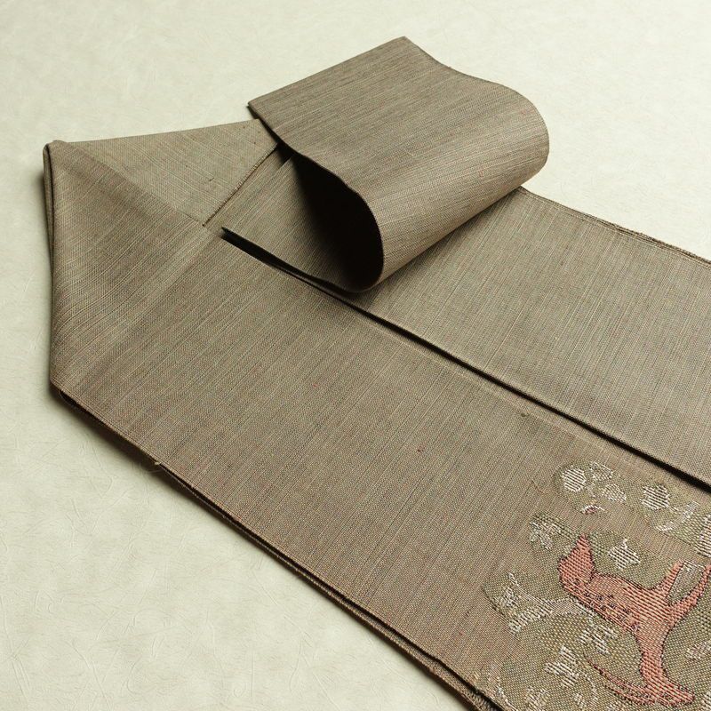 名古屋帯 太鼓柄 正絹 人物・動物柄 名古屋仕立て なごや帯 リサイクル帯 帯 モダン 茶_画像21