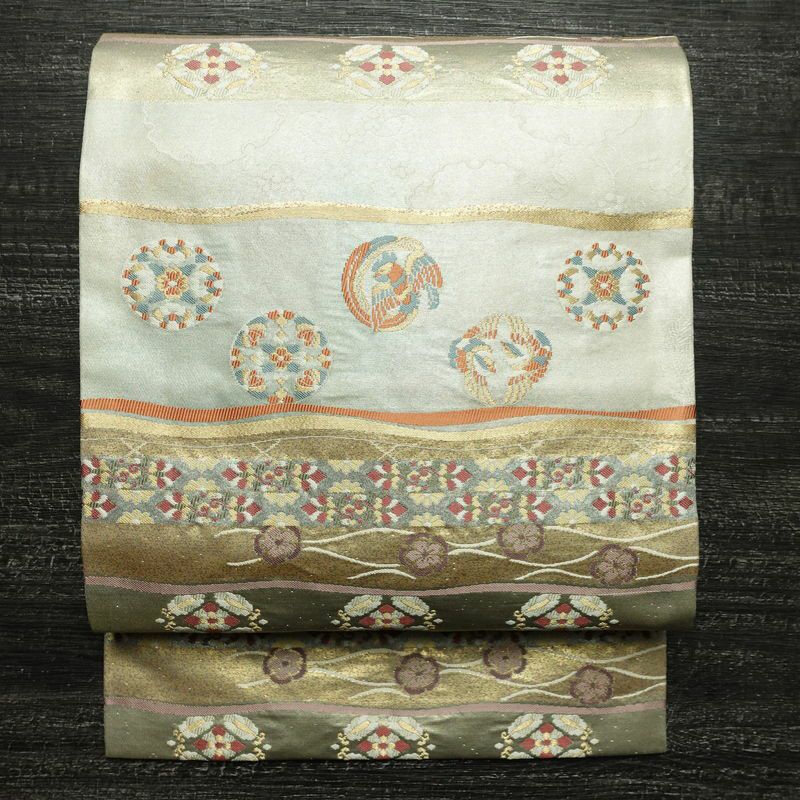 名古屋帯 太鼓柄 正絹 古典柄 名古屋仕立て 箔 刺繍 金糸 帯 ベージュ