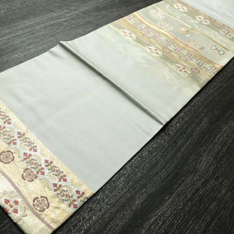 名古屋帯 太鼓柄 美品 正絹 古典柄 名古屋仕立て なごや帯 リサイクル帯 帯 箔 グレー_画像9