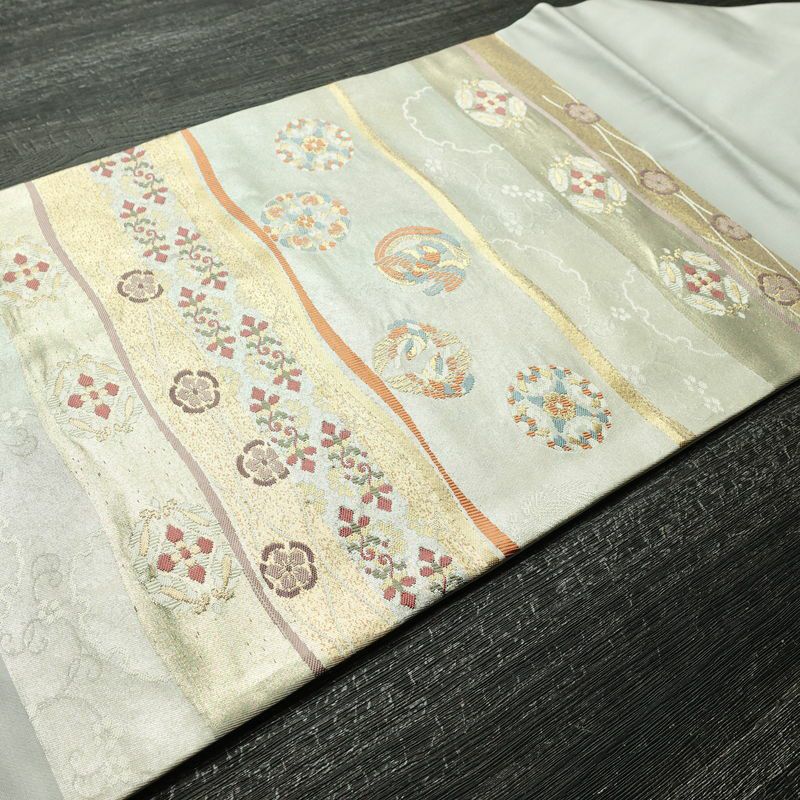 名古屋帯 太鼓柄 美品 正絹 古典柄 名古屋仕立て なごや帯 リサイクル帯 帯 箔 グレー_画像12
