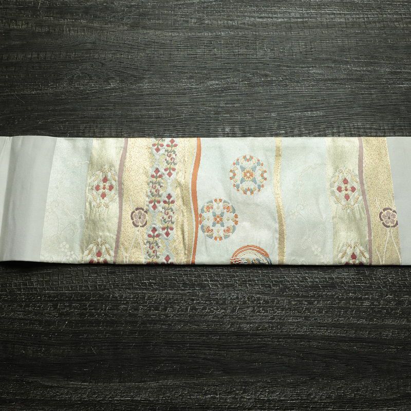 名古屋帯 太鼓柄 美品 正絹 古典柄 名古屋仕立て なごや帯 リサイクル帯 帯 箔 グレー_画像14