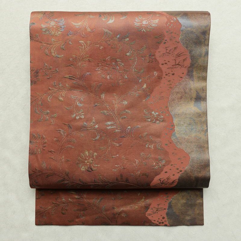 名古屋帯 六通柄 美品 正絹 木の葉・植物柄 名古屋仕立て なごや帯 リサイクル帯 帯 箔 茶_画像1