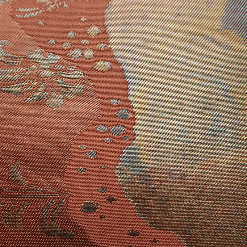 名古屋帯 六通柄 美品 正絹 木の葉・植物柄 名古屋仕立て なごや帯 リサイクル帯 帯 箔 茶_画像6