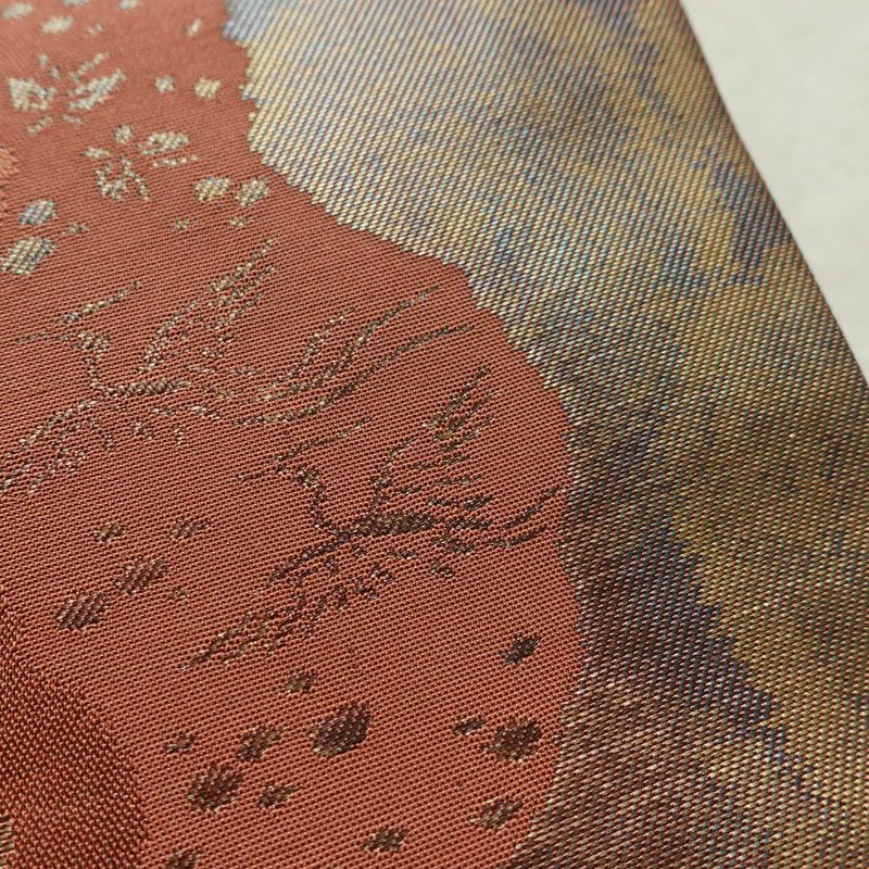 名古屋帯 六通柄 美品 正絹 木の葉・植物柄 名古屋仕立て なごや帯 リサイクル帯 帯 箔 茶_画像7