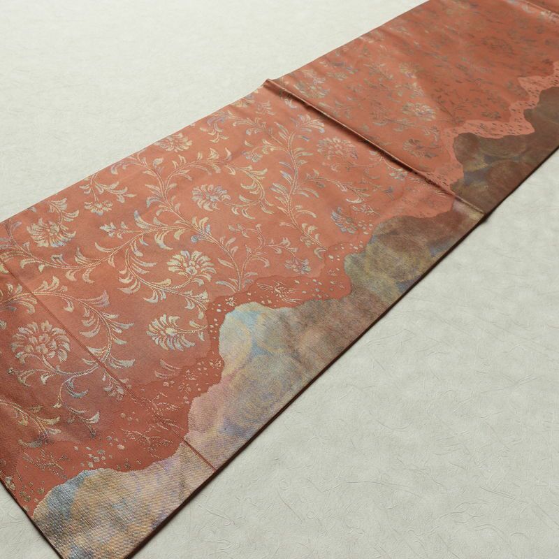 名古屋帯 六通柄 美品 正絹 木の葉・植物柄 名古屋仕立て なごや帯 リサイクル帯 帯 箔 茶_画像9