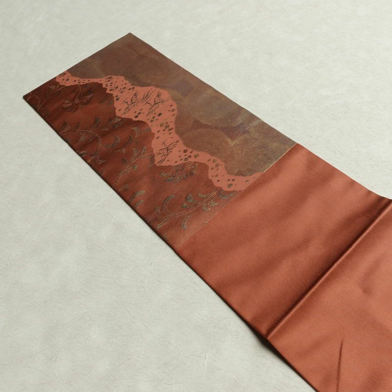 名古屋帯 六通柄 美品 正絹 木の葉・植物柄 名古屋仕立て なごや帯 リサイクル帯 帯 箔 茶_画像16