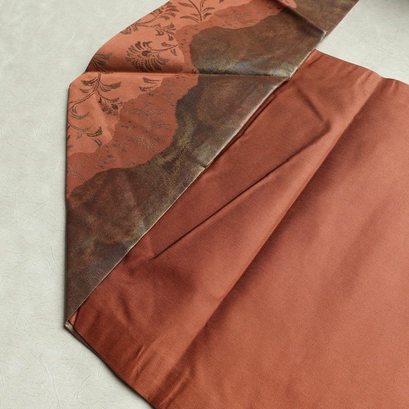 名古屋帯 六通柄 美品 正絹 木の葉・植物柄 名古屋仕立て なごや帯 リサイクル帯 帯 箔 茶_画像19